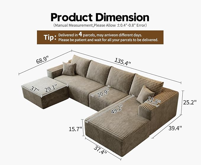 135.4 Cloud Modular Sectional Sofa with 1 OttomanModern Minimalist Upholstered Couches Comfort U Shaped Sofa for Living RoomDeep Seat Corner CouchNo Assembly Required (CamelRight Facing Chaise)