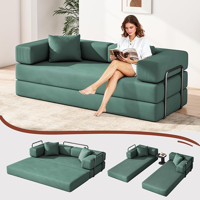 ARSURA 82” Teddy Couch Bed | Boneless Couch Bed for Living Room | Folding Sleeper Sofa Bed | Corduroy Green