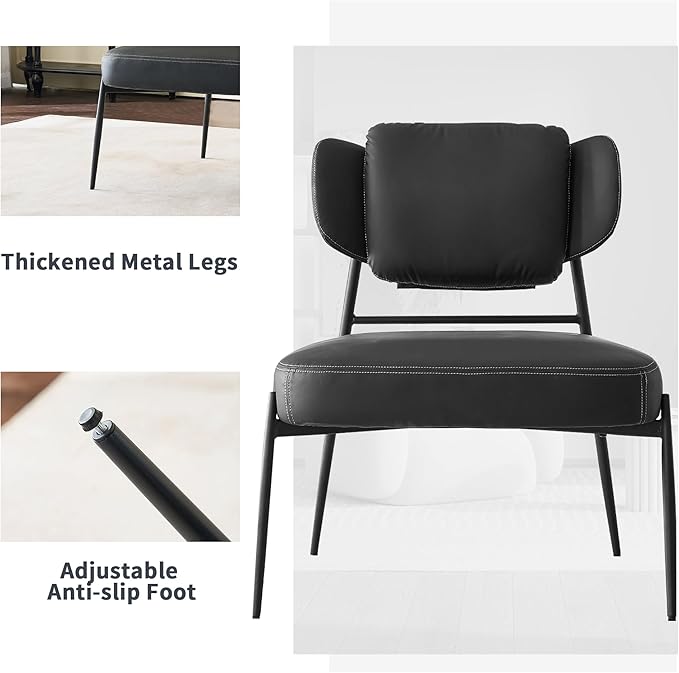 Oversize Accent Chair with Big-Ear Backrest - Modern Black Leather Armless Chair with Thick Cushion &amp Metal Frame for Lounge Living Room Waiting Room Bedroom Office