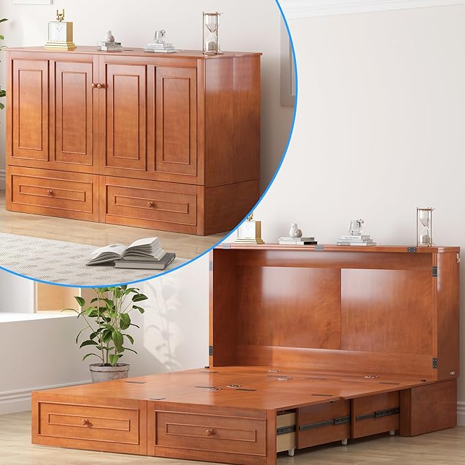 PUREMIND Queen Murphy Bed Frame with Headboard Hideaway Chest Bed Frame Storage Drawers USB Charging Ports- Space Saving Cabinet Chest Beds for Guest Room Bedroom