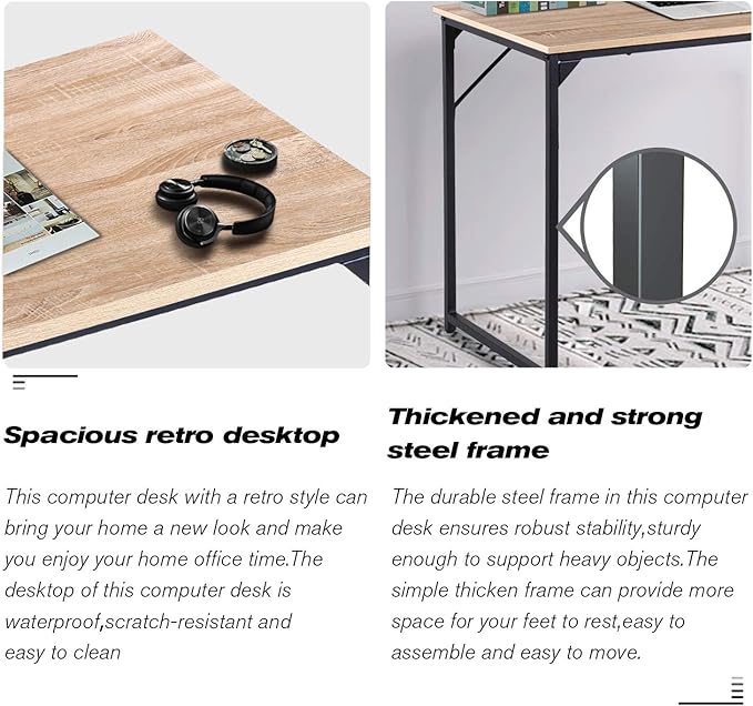HCB Computer Desk 39inch Home Office Desk Writing Study Table Modern Simple Style PC Desk with Black Metal Frame(Nature)39x20x29inch