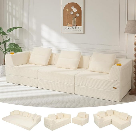 COMAX Futon Sofa Bed 3 Seater 106 Convertible Sofa Bed Couches for Living Room 4 in 1 Folding Boneless Sleeper Corduroy Couch Foam in a Box Comfy Foldable Lounge Fold Out Floor Mattress Beige