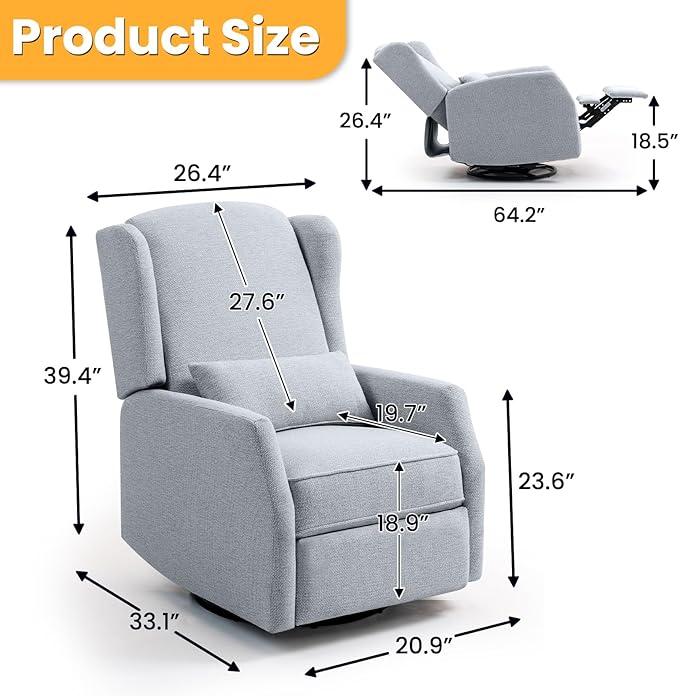 Nursery Swivel Glider Recliner Chair with Segmented Footrest Modern 360° Rocking Manual Motion Sofa with Lumbar Pillow Detachable Wings &amp Armrest for Living Room Bedroom (LightGray)