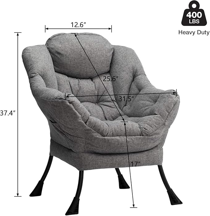 HollyHOME Lazy Chair with Armrest and Side Pocket Comfy Accent Lounge ChairLeisure Sofa Armchair for Living Room Bedroom Dorm or Small Spaces Oversized Reading Sofa ChairCotton-Linen Grey