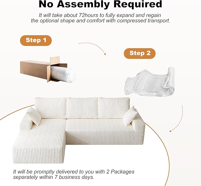 Modular Sectional Sofa 3-Seat L-Shaped Cloud Couch with Memory Foam Oversized Chaise for Living Room Breathable Fabric &amp Removable Cover