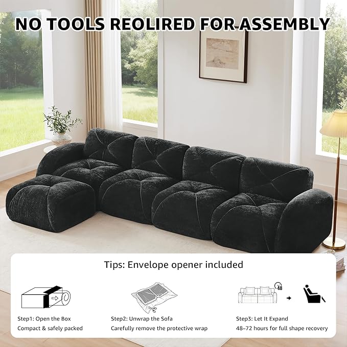 Black Loveseat Sectional Couches for Living Room Velvet Fabric Boneless Couch No Assembly Cloud Modular Sectional Sofa Love Seat with 2 Ottoman Foam Couch Compressed Sofa Set Sofas para Sala