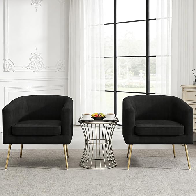 Velvet Barrel Chair Modern Accent Chair with Metal Sturdy Legs Club Chair Comfy Armchair Modern Tub Chair for for Living Room Bedroom Waiting Room Black