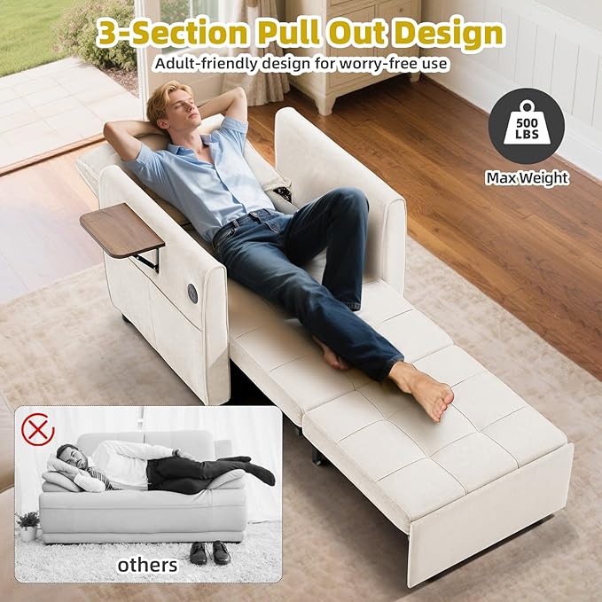Convertible Sleeper Chair 4 in 1 Pull Out Chair Bed for Adults with Wing Table USB Charging &amp Bottom Storage Space-Saving 90 Single Sofa Bed Chairs for Living Room Dark Gray