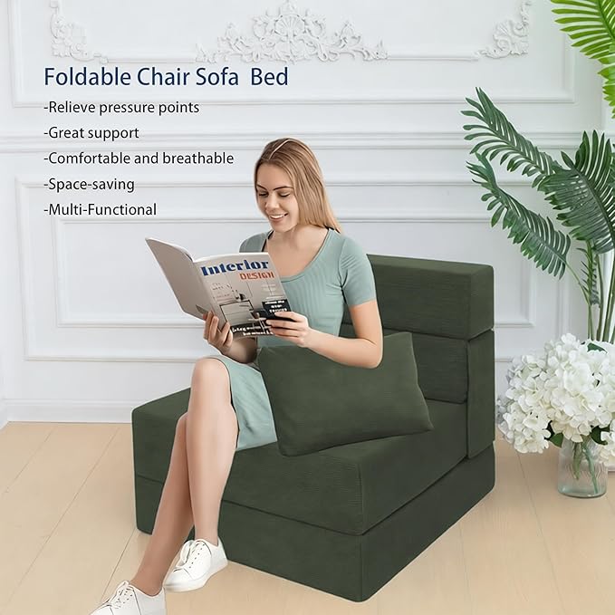 Sofa Bed Foldable Mattress Folding Sleeper Sofa Chair Bed Floor Mattress with Pillow for Living Room Home Office (Green-Corduroy Single)