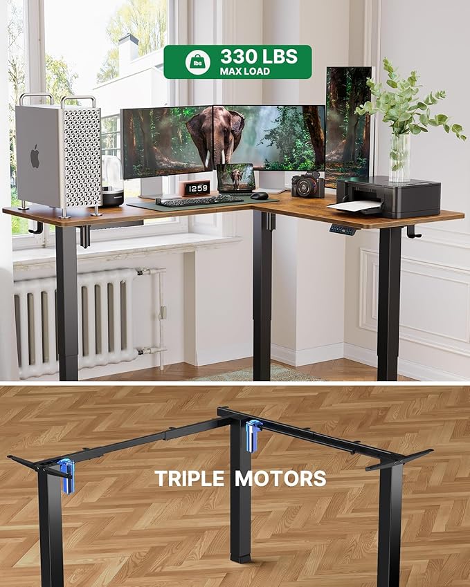 Marsail Standing Desk Adjustable Height with 4-in 1 Electical Outlet L Shaped Electric Standing Desk with Headphone Hook Stand up Desk for Home Office Sturdy Writing Workstation Rustic