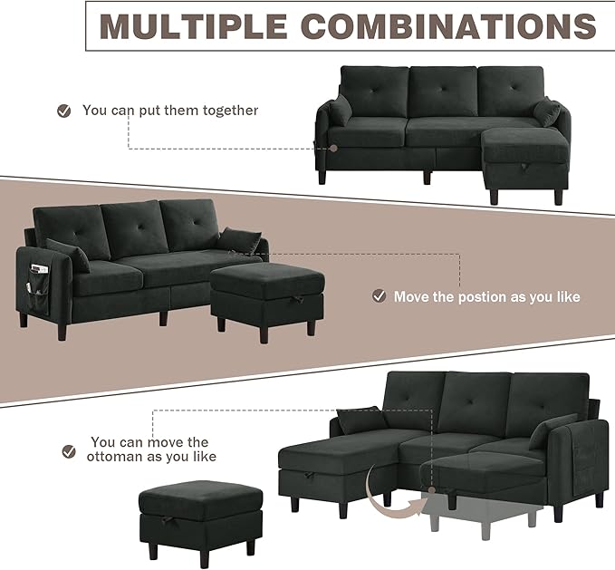 77 Convertible Sectional Couches 3 Seat L Shaped Couch Sofa with Storage Chaise &amp Removable Pillows Linen Fabric Small Couch Mid Century for Living Room Apartment and Office Black