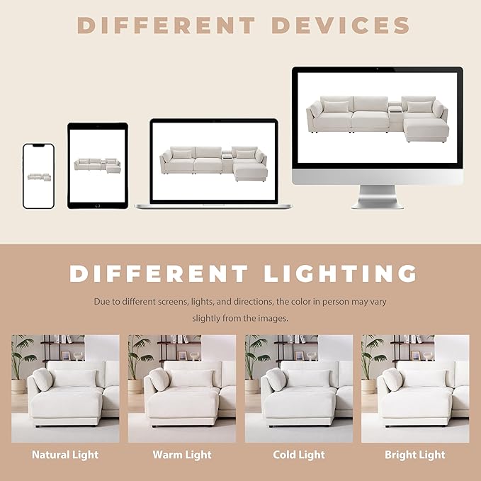124'' Modular Sectional Sofa with Storage Console and Movable Ottoman 33'' Wide Seat 4 Seat L Shaped Chenille Couch Reversible Comfy Sofa with USB Charger for Living RoomApartment (Beige-K003)