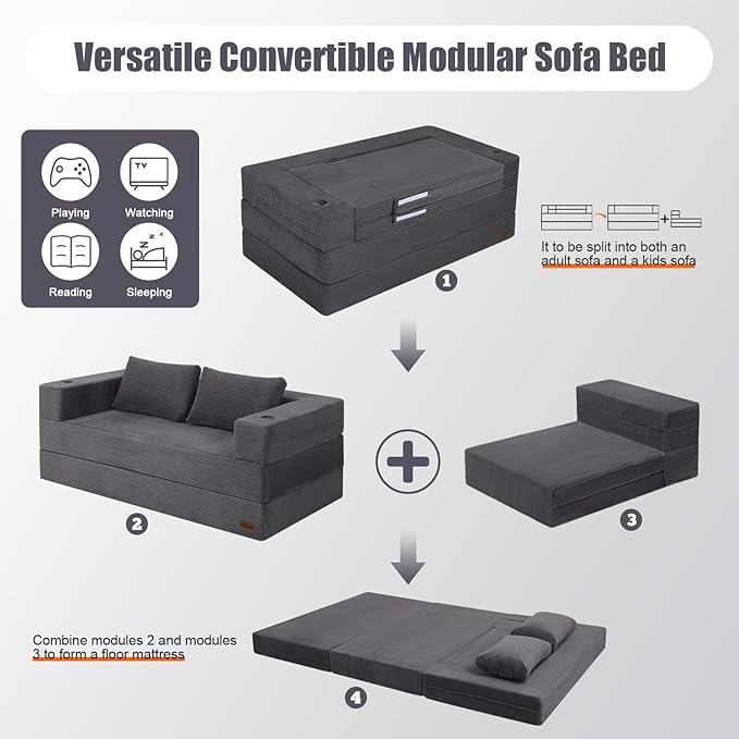 MeMoreCool Futon Couch Convertible Sofa Bed Queen Folding Floor Couch Bed with Pillow Corduroy Grey Foldable Sofa Sleeper Fold Out Boneless Loveseat Lounge for Living Room Small Spaces
