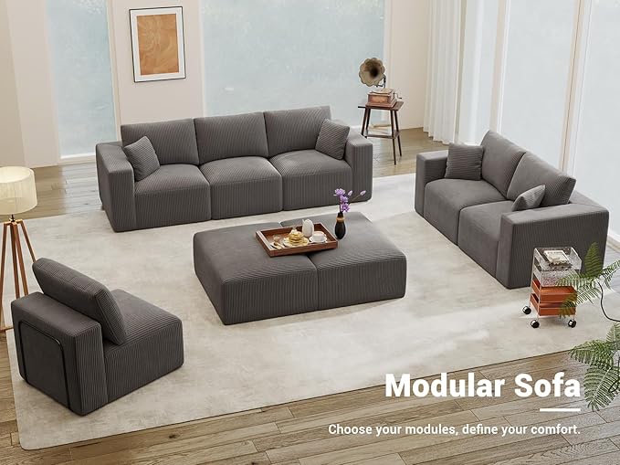 Modern Single Boneless Sofa Couches for Living Room - 39 Cloud Couch - Easy Assembly Cozy Corduroy Convertible Full Sponge Compression Sofas for House Apartment(Grey)