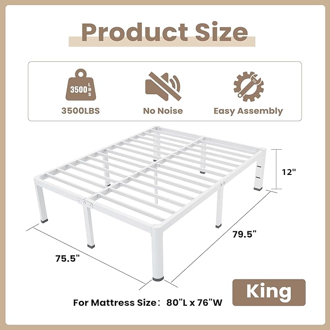 ROIL 12 Inch White King Bed Frame with Rounded Corner and Headboard Hole Mattress Retainers 3500LBS Heavy Duty Steel Slats No Box Spring Needed Platform Noise-Free Easy Assembly
