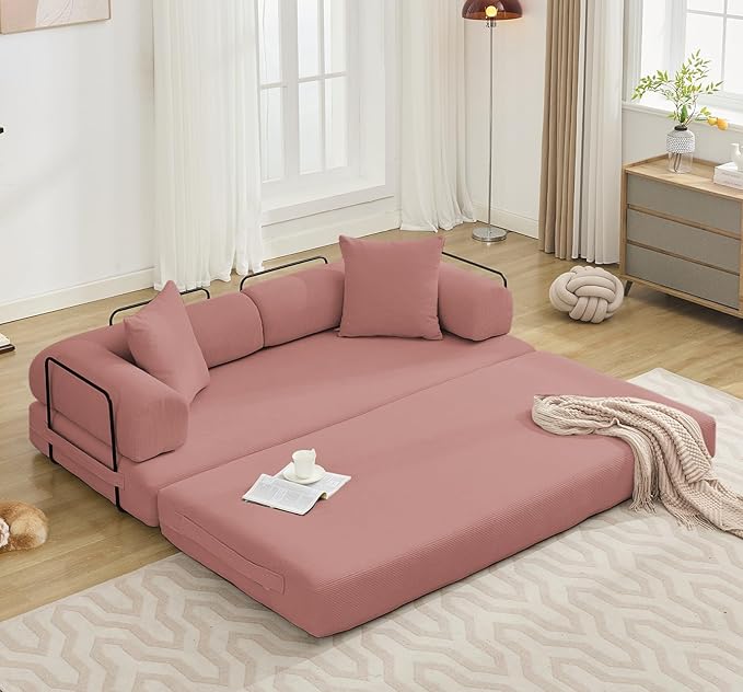 Convertible Folding Sofa Bed Modular Floor Sofa with Removable Backrest 3-Seater Fold Out Couch Bed with Pillows King Size Futon Lazy Couch Corduroy Sleeper for Living Room Dorm Dark Pink