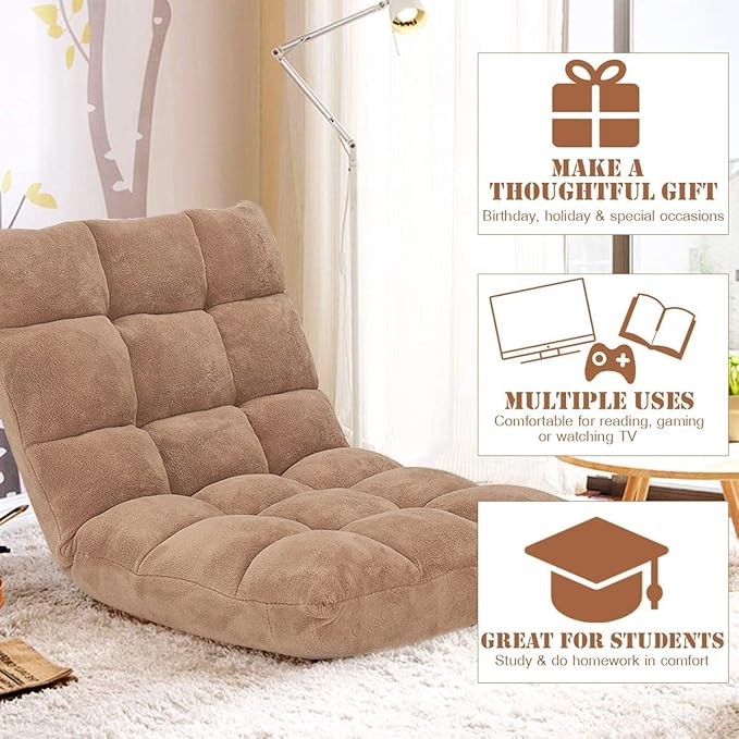 FANTASK 14-Position Sofa Memory Foam Floor Chair w/Comfy Cushions &amp Study Steel Frame Angle Adjustable Couch Lounge Sofa for Reading Game Meditating (Beige)