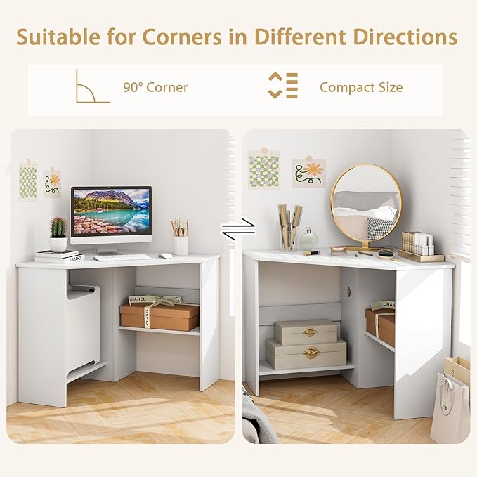 Tangkula White Corner Desk - 90 Degrees Triangle for Computer Small Space Bedroom Makeup Vanity Desk with Storage Shelves &amp CPU Stand Space Saving Writing Desk