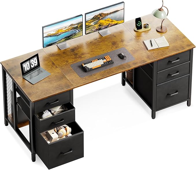 ODK 63 Inch Office Desk with 6 Fabric Drawers Large Computer Desk for Home Office with Hidden Storage Shelves Rustic Brown