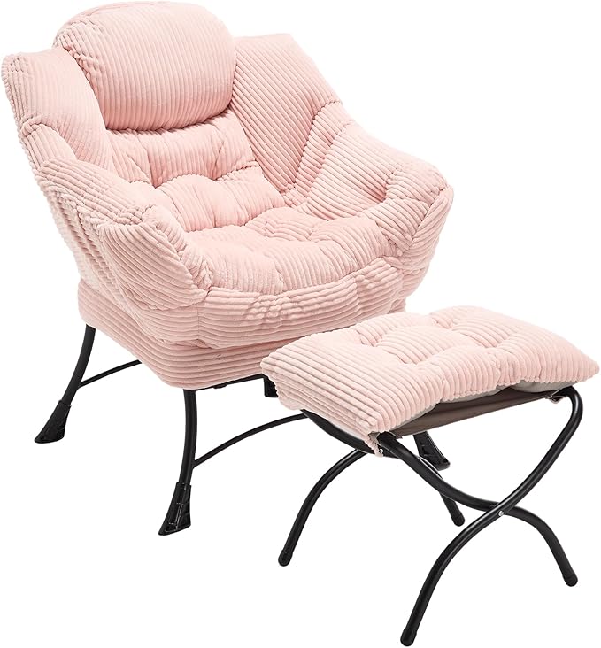 Modern Lazy Chair with Ergonomic Ottoman Comfortable Lounge Chair with Footrest for Space Saving Comfy Reading Armchair for Living Room Bedroom Office Pink