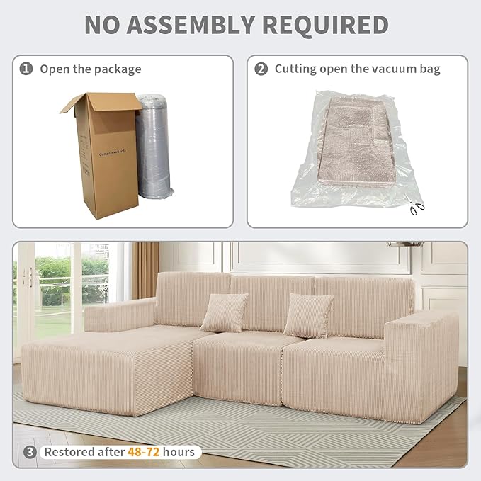 111 Boneless Couches for Living Room 3-Piece Cloud Couch Modular Sectional Deep Seat Compressed Couches for Living Room Bedroom Plush Corduroy Fabric No Assembly Required Khaki