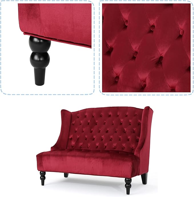 Modern Tufted Velvet Wingback Loveseat Tufted Velvet 2 Seat Couch Sofas with High Back Thick Padded Cushioned Seats for Living Room Victorian Style Wine red