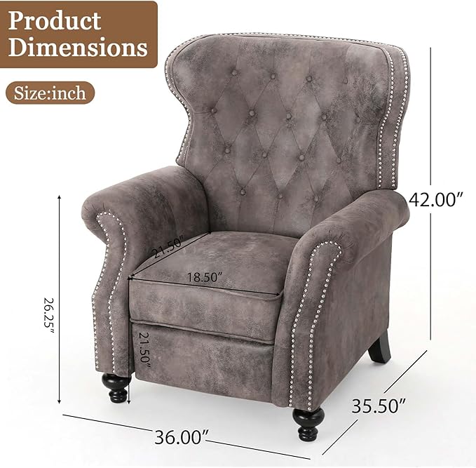Mid Century Wingback Recliner Fabric Push Back Recliner Chair Single Rolled Armchair Sofa with Rivet Decoration Accent Chairs with Stable Hump Feet for Living Room (Brown Gray)