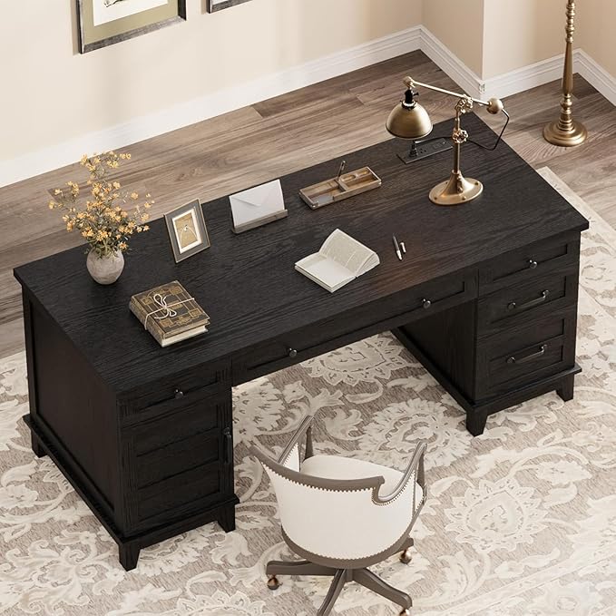 60 Inch Farmhouse Computer Desk with Charging Station &amp File Cabinet Wooden Office Desk with Power Outlets USB Ports and Ample Storage Drawers for Home Workspace Executive Writing Table.