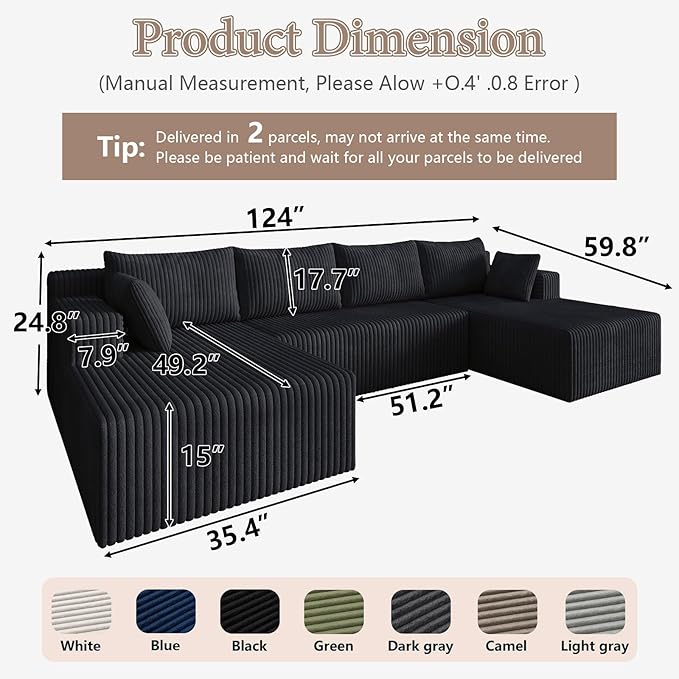 123 Cloud Modular Sectional Couch U-Shaped with Two Chaise Corduroy Boneless Couch for Living Room Bedroom Deep-Seat Upholstered Modular Cloud Sofa No Assembly Required Black