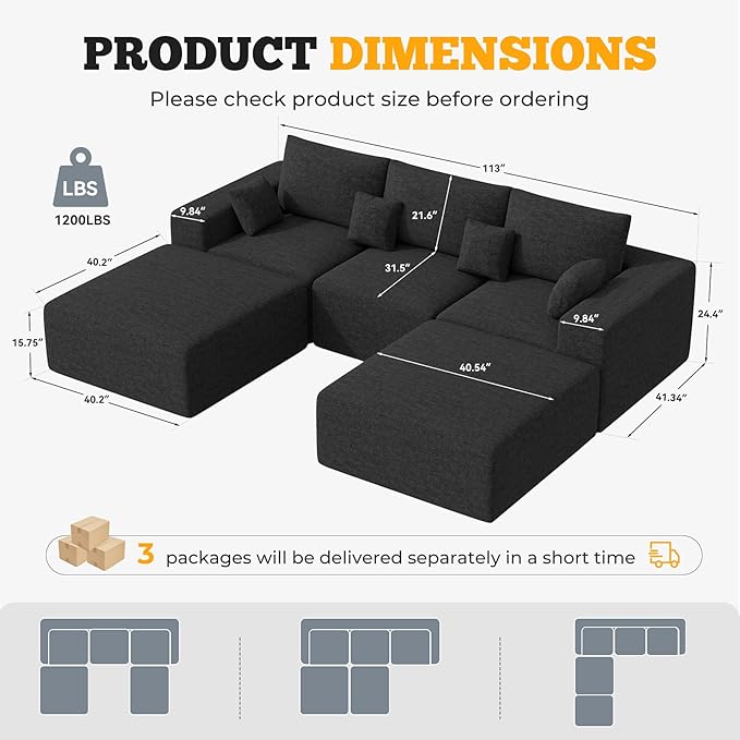 113 Modular Sectional Sofa Convertible U-Shaped Cloud Couches for Living Room with Ottoman 5 Seater Chenille Boneless Couch Sofa Set No Assembly Required Black 1 PCS