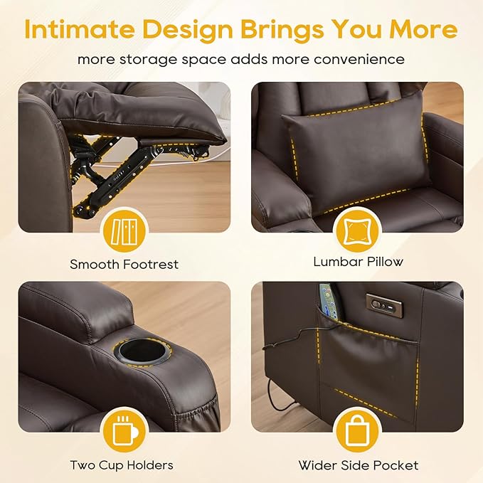 IPKIG Power Recliner Chair with Massage and Heat Electric Recliner for Living Room Home Theater Bedroom with LED Lights USB Charger Cup Holders Side Pockets &amp Lumbar Pillow (1 Brown)