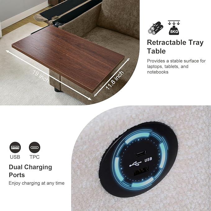 Modern Accent Chairs with Storage Ottoman Set Chenille Reading Armchair with Tray Table and Charging Ports Comfy Chaise Lounge Chair for Living Room Bedroom Reading Nook Brown