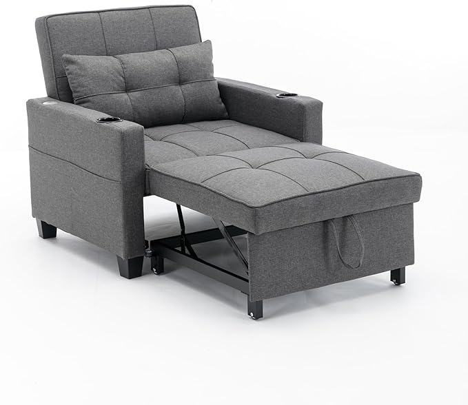 Sleeper Chair Bed Convertible Chair Bed Pull Out Chair Beds with USB Charging &amp Cupholders Adjustable Backrest Leather Futon Chair Bed for Living Room Bedroom (Grey(Linen))