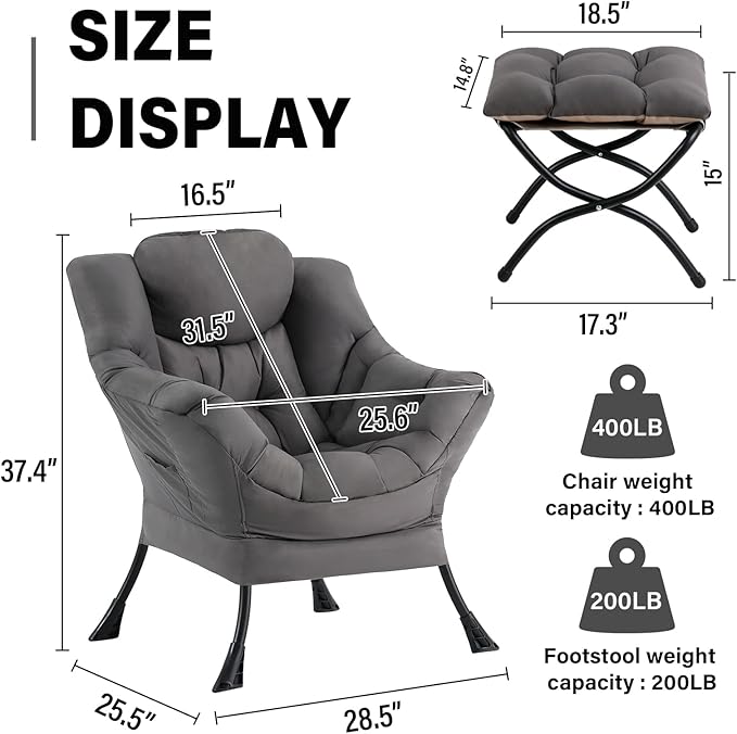Lazy Chair with Ottoman Modern Accent Chair Contemporary Sofa Chair with Armrests Reading Chair and Folding Footstool Set for Living Room Bedroom Office Dark Grey