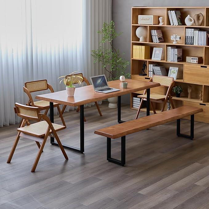 Stylish Brown Wooden Long Bench with Sturdy Metal Legs – Versatile Seating for Office Restaurant Living Room and Meeting Room(Brown Bench 55.12in)
