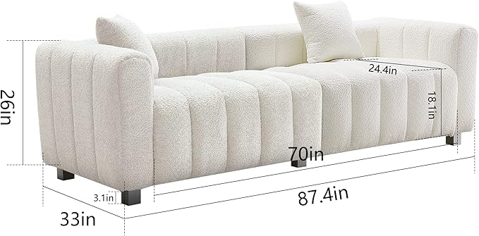 87.4'' Modern 3-Seater Sofa Bubble Couch for Living Room Premium Teddy Velvet Deep Seat Sofa Couch Fluffy Loveseat Sofa with 6 Metal Base Legs for Bedroom/Home/Office (White)