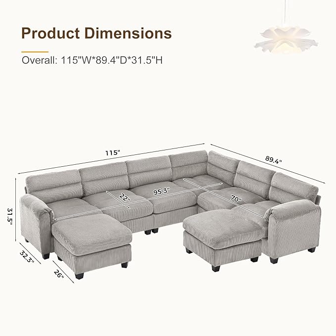 115” Modular Sectional L Shaped Corner Sofa with 2 Movable Ottoman Corduroy 8-Seater Couches with Thick Cushion for Living Room Grey