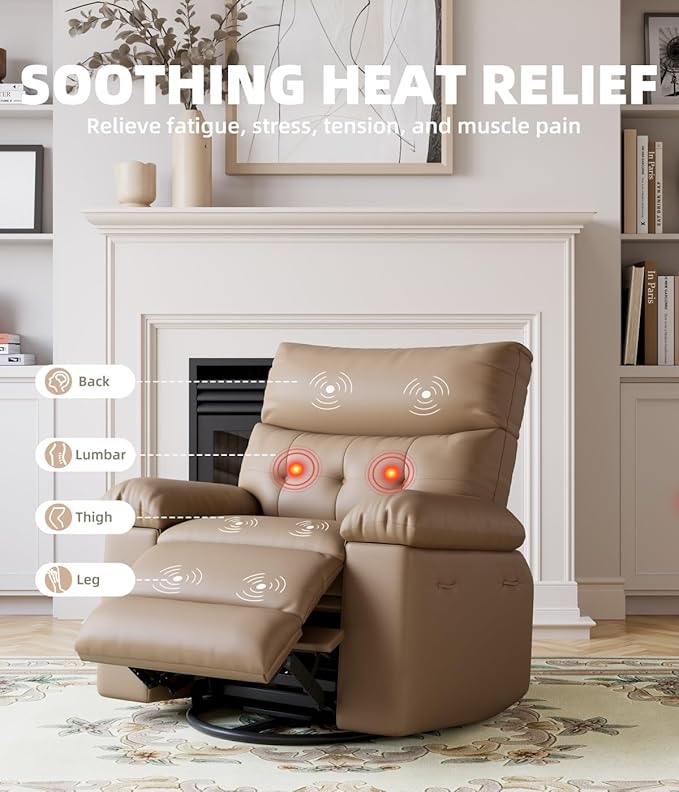 Oversized Recliner Chairs with Massage and Heat Leather Recliner Chair for Adults Manual Chair with Cup Holder for Living Room Bedroom and Nursery (Tan)
