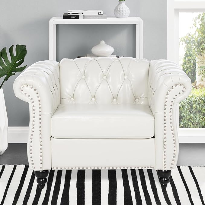 Chesterfield Faux Leather Chair | White Tufted Arm Deep Seat Accent Chair Living Room/Bedroom