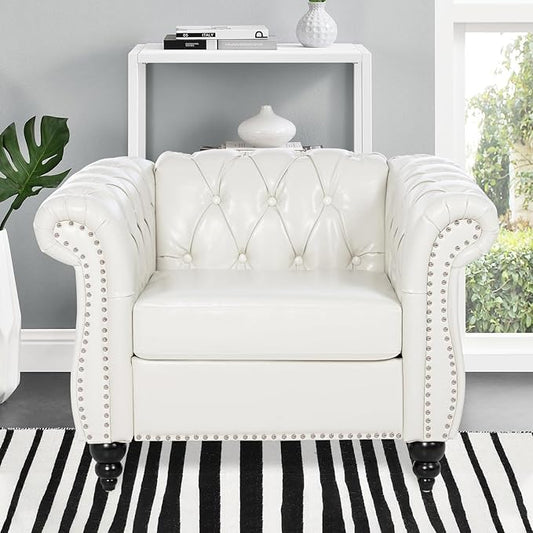 Chesterfield Faux Leather Chair | White Tufted Arm Deep Seat Accent Chair Living Room/Bedroom
