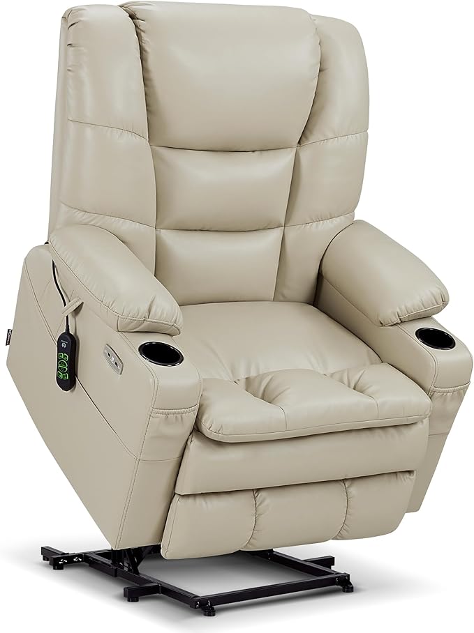 MCombo Oversized Triple Motor Power Lift Recliner Chair with Massage and Dual Heating Adjustable Headrest for Big and Tall Elderly People Faux Leather R7635 (Beige Large-Oversize)