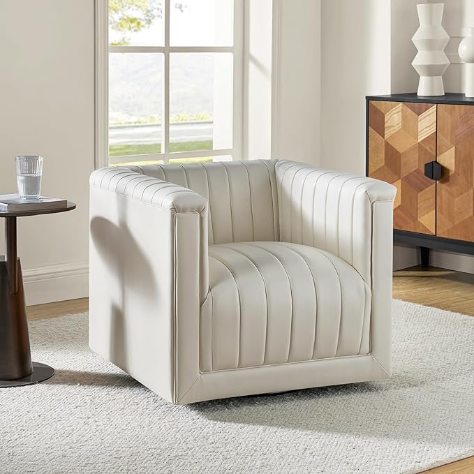 HULALA Home Faux Leather Swivel Accent Chair Set of 2 Boxy Silhouette Chair with Striped Arm Leather Barrel Chair with Herringbone Pattern(Ivory)
