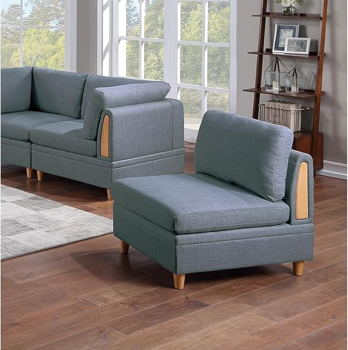 Living Room Seating Set: Contemporary Armless Chair in Steel Color Fabric - 1 Piece - Wooden Deco Base
