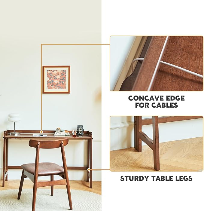 Solid Wood Folding Desk Mid Century Modern Table 47'' Foldable Writing Computer Desk for Home Office Simple Study Makeup Workstation Wooden Study Office Desk Table for Small Spaces Walnut Color
