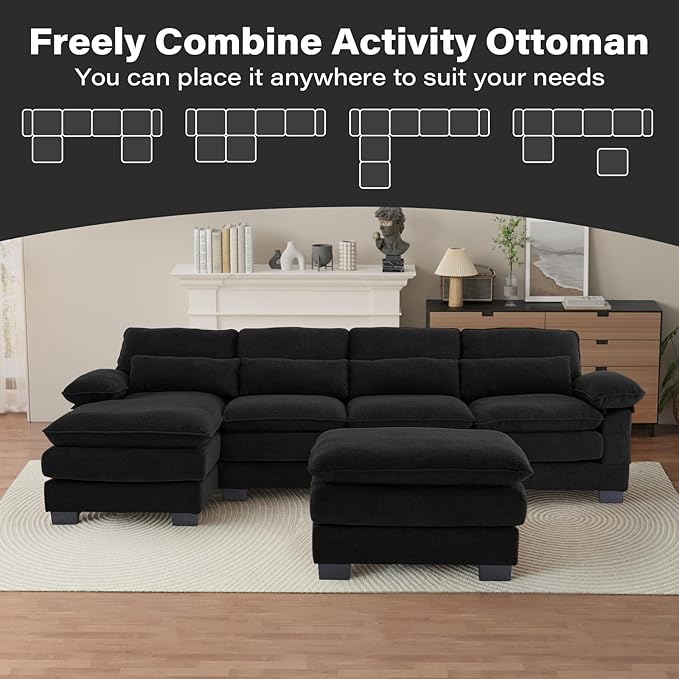 OUYESSIR 114 U Shape Sectional Cloud Couch with OttomanFluffy Sectional Couches for Living Room4 Seater Modular Sectionals SofaComfy Cloud Sofas &amp Couches with 4 PillowsBlack