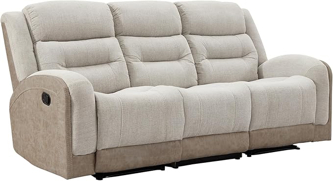 EBELLO 3-Seater Reclining Sofa Extra-Wide Manual Recliner with Padded Arms &amp Cushioned Seat Breathable Fabric and Faux Leather Design for Living Room or Home Theater Beige