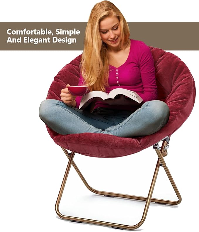 Cozy Saucer Chair Living Room Chair Faux Fur Soft Thick Padded Seat Metal Frame Folding Chair Comfortable Moon Chair for Living Room Bedroom Reading Nook Modern Style 2 Pack Red