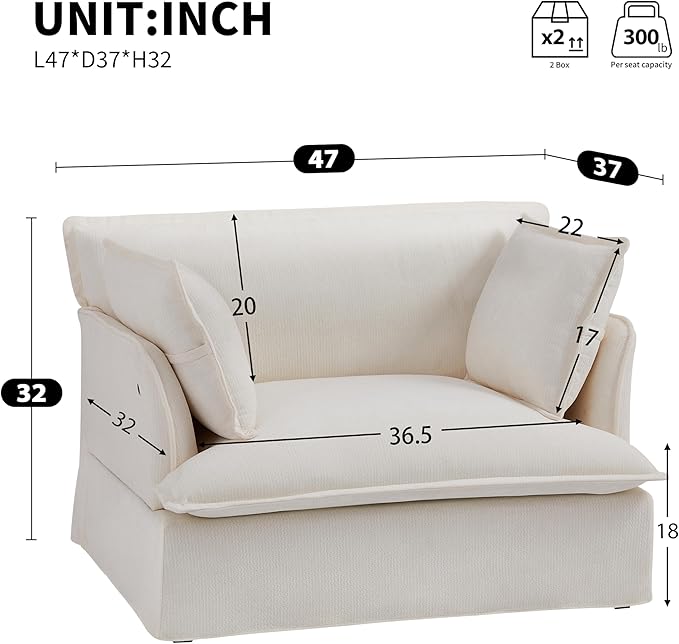 47.2 Oversized Accent Chair with Dual-Port Charging Modern Design Base&ampArmrest Throw Pillows Deep and Wide Seat Cloud-Like Comfy Single Sofa Chenille Armchair for Living Room&ampApartment