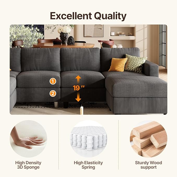 101 Inch Oversized Corduroy Sectional Sofa U Shaped Sectional Sofa with 2Ottomans 6 Seater Convertible Corduroy Sofa Comfortable Living Room Couch (Dark Gray 4 Seat with 2 Ottoman)