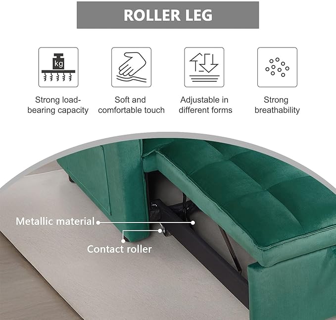 54 Convertible Sofa Bed Velvet Sleeper Sofa with Pull-Out Bed 3-in-1 Futon Couch with Reclining Backrest and Side Pocket Modern Loveseat for Living Room (Dark Green)